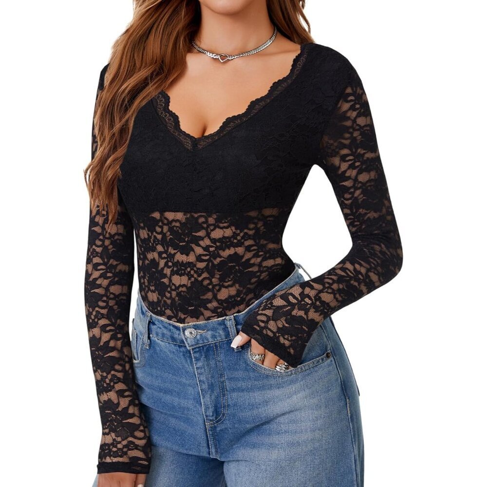 Women's Silk Lace Bodysuit Deep V Neck Sheer Long Sleeve Slim Fit Leotard